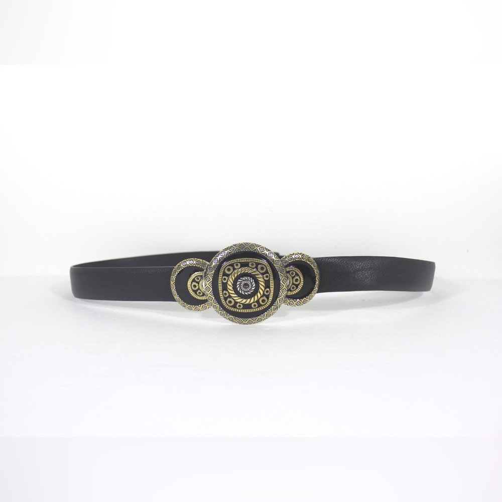 CHICO’S Black Leather Belt with Gold Silver Black Medallion Metal Buckle